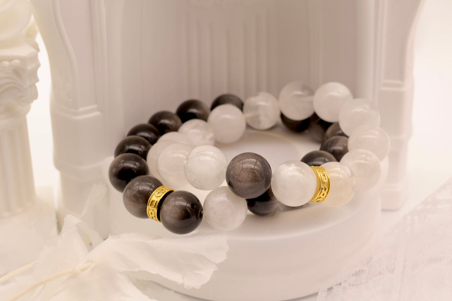 Silver Obsidian And White Snowflake Phantom Energy Bracelet