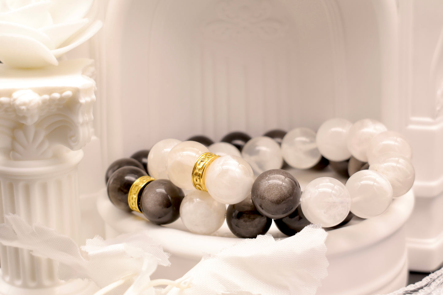 Silver Obsidian And White Snowflake Phantom Energy Bracelet